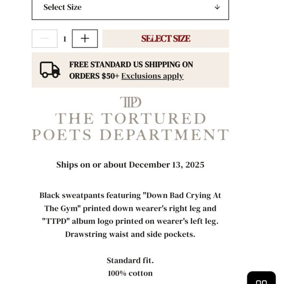 Taylor Swift TTPD sweatpants (Down Bad Crying at the Gym) size small NWOT - Picture 3 of 4